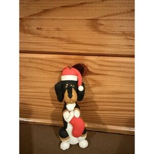 Black White Tan Dachshund w/Santa Hat Dough Clay Christmas Tree Ornament 4.25"